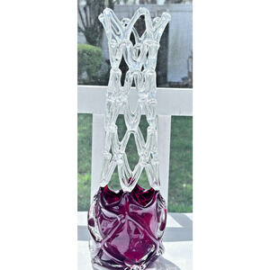 Vintage Murano Style Cranberry Art Glass Vase Pulled Lattice 14" Tall Sculptural